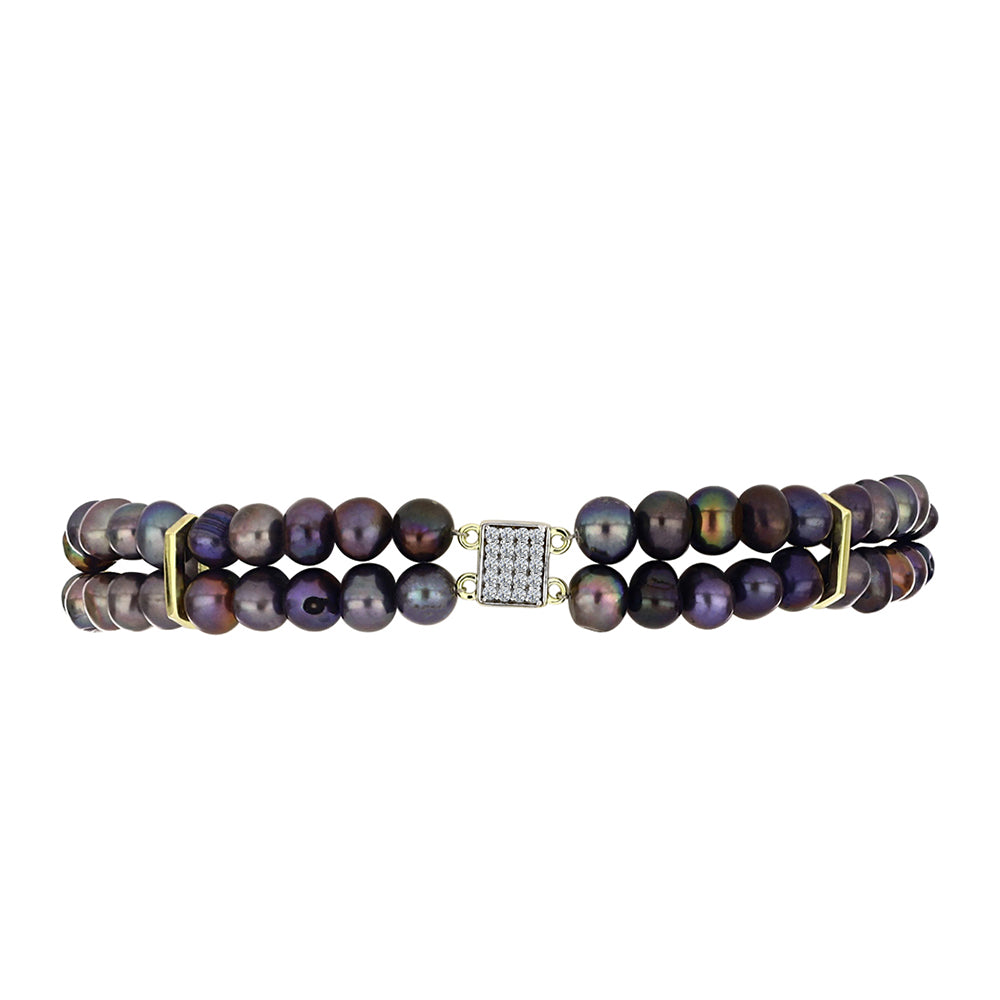 Pulsera de Plata Bañada en Oro con Perla Negra de Agua dulce y Topacio Blanco 2 