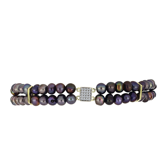 Pulsera de Plata Bañada en Oro con Perla Negra de Agua dulce y Topacio Blanco