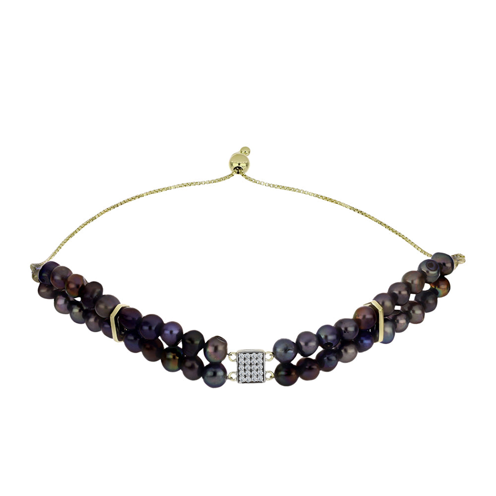 Pulsera de Plata Bañada en Oro con Perla Negra de Agua dulce y Topacio Blanco 1 