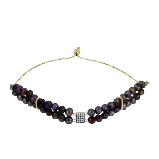 Pulsera de Plata Bañada en Oro con Perla Negra de Agua dulce y Topacio Blanco