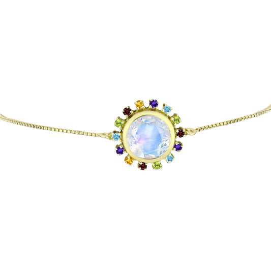 Pulsera de Plata Bañada en Oro con Piedra Lunar Arco Iris y Amatista de Marruecos