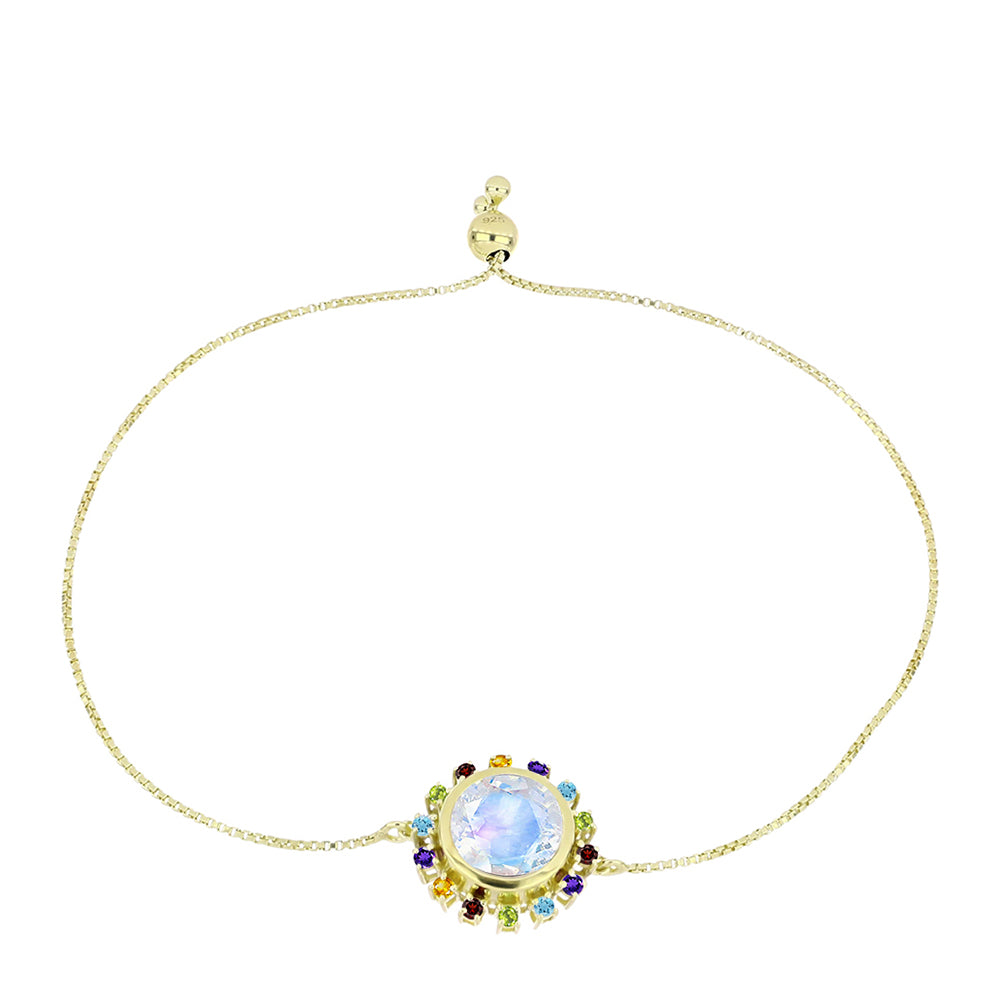 Pulsera de Plata Bañada en Oro con Piedra Lunar Arco Iris y Amatista de Marruecos