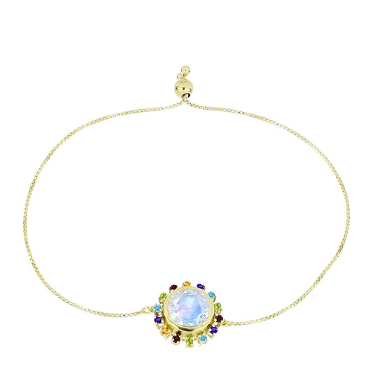 Pulsera de Plata Bañada en Oro con Piedra Lunar Arco Iris y Amatista de Marruecos