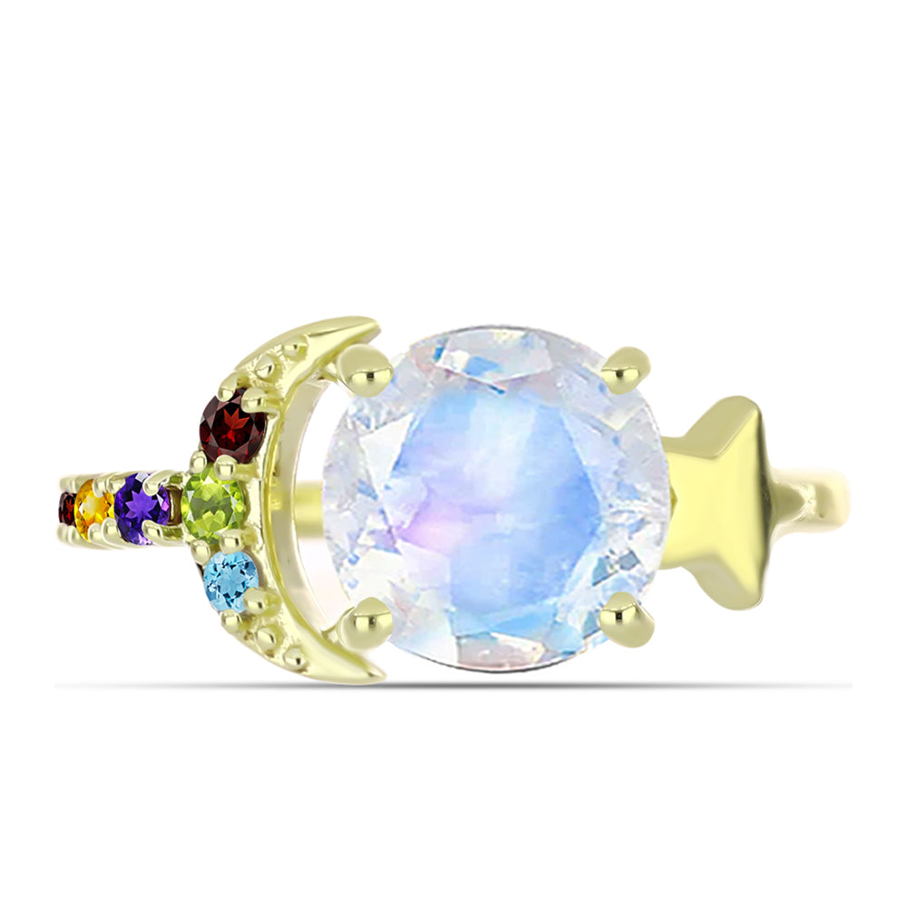 Anillo de Plata Bañada en Oro con Piedra Lunar Arco Iris y Amatista de Marruecos 5 