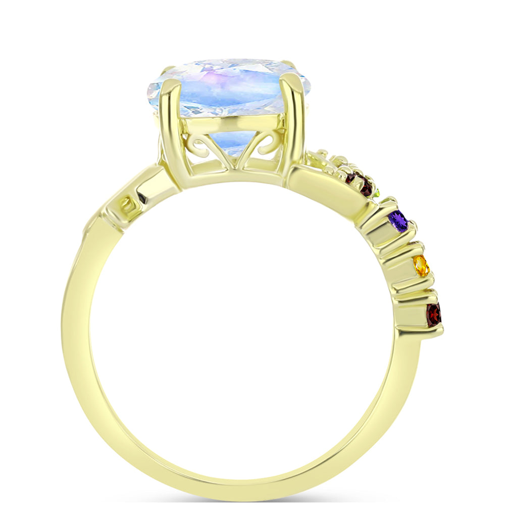 Anillo de Plata Bañada en Oro con Piedra Lunar Arco Iris y Amatista de Marruecos