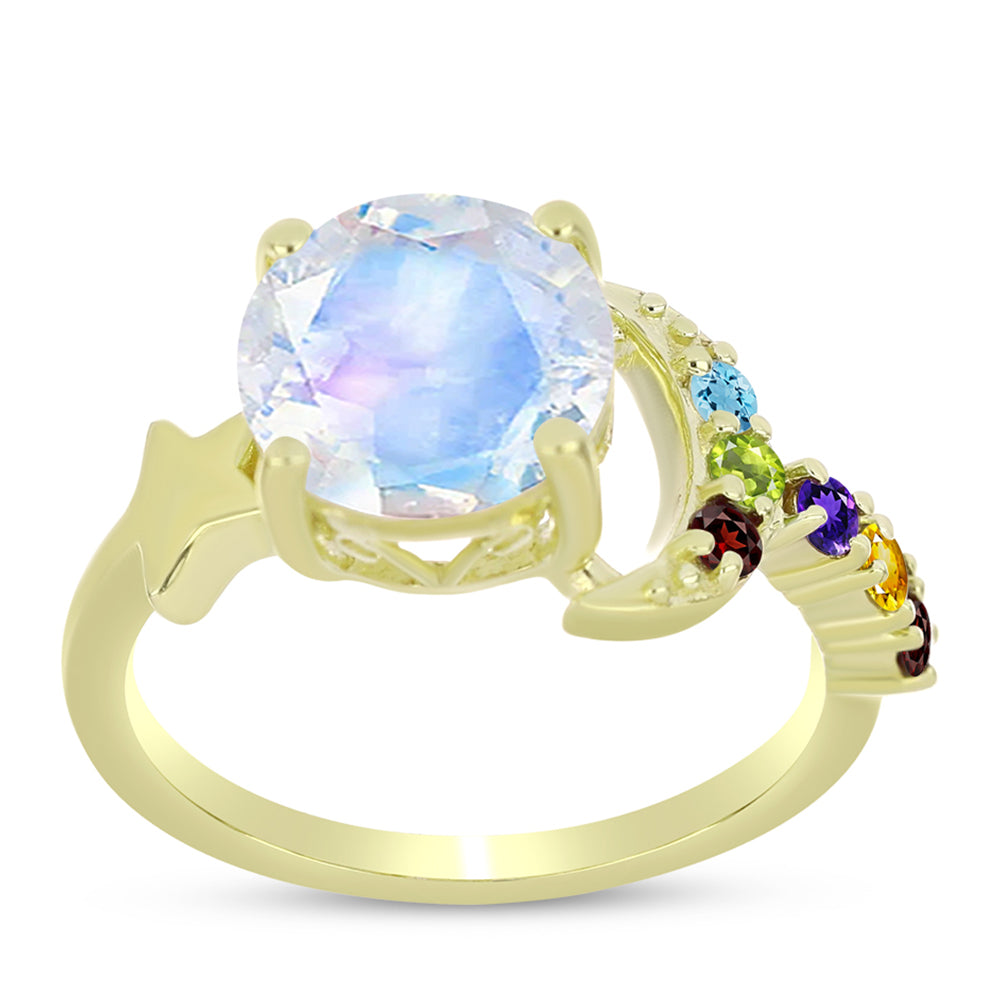Anillo de Plata Bañada en Oro con Piedra Lunar Arco Iris y Amatista de Marruecos 7 