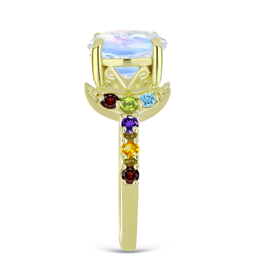 Anillo de Plata Bañada en Oro con Piedra Lunar Arco Iris y Amatista de Marruecos