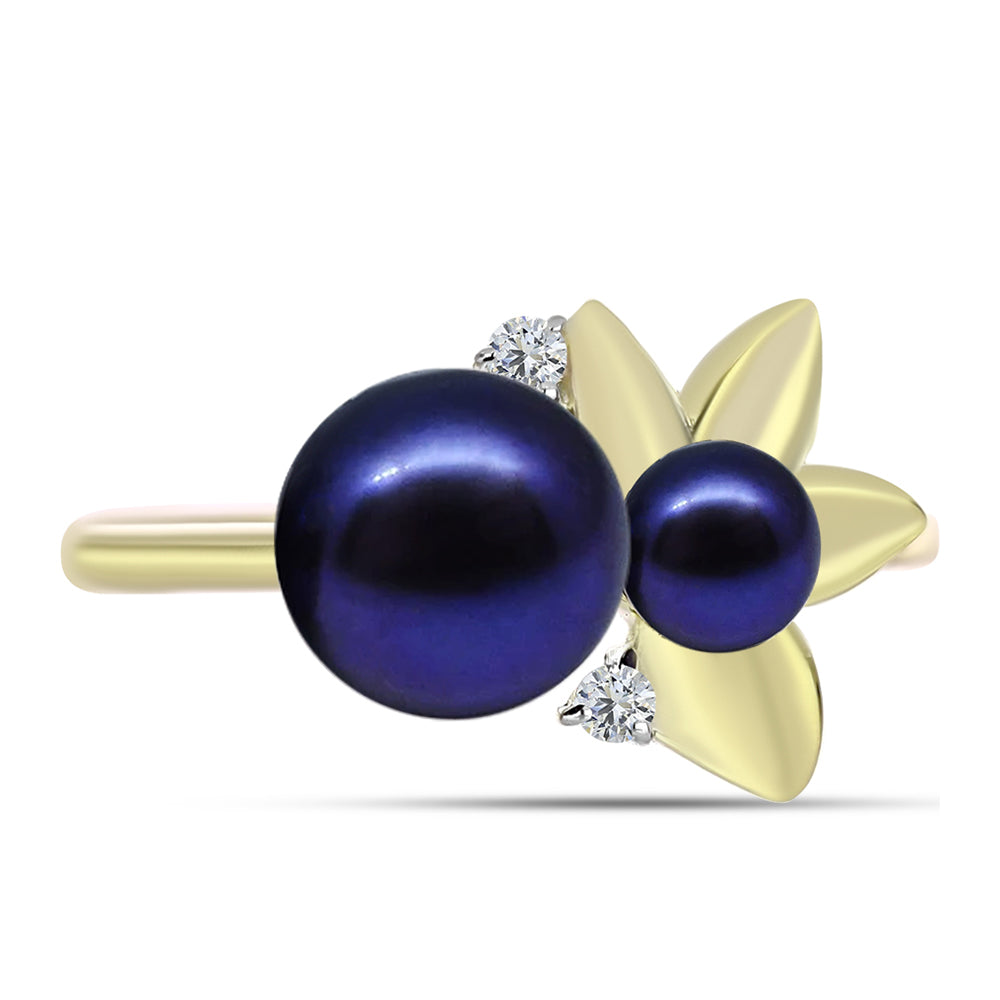 Anillo de Plata Bañada en Oro con Perla Negra de Agua dulce y Topacio Blanco