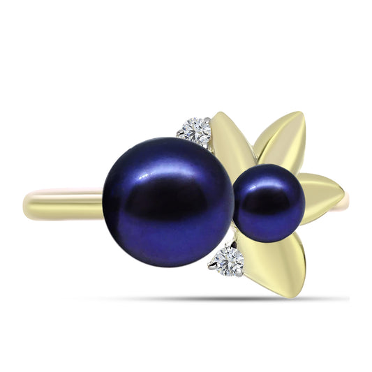 Anillo de Plata Bañada en Oro con Perla Negra de Agua dulce y Topacio Blanco