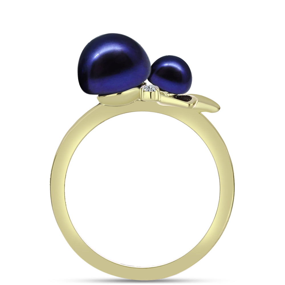 Anillo de Plata Bañada en Oro con Perla Negra de Agua dulce y Topacio Blanco 2 