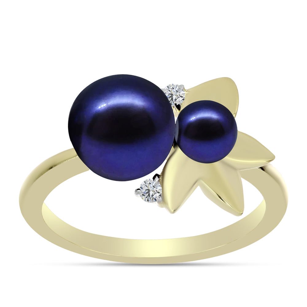 Anillo de Plata Bañada en Oro con Perla Negra de Agua dulce y Topacio Blanco