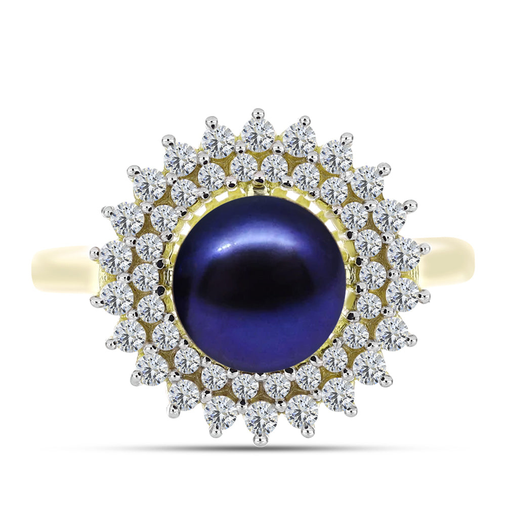 Anillo de Plata Bañada en Oro con Perla Negra de Agua dulce y Topacio Blanco 1 