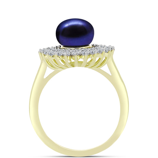 Anillo de Plata Bañada en Oro con Perla Negra de Agua dulce y Topacio Blanco