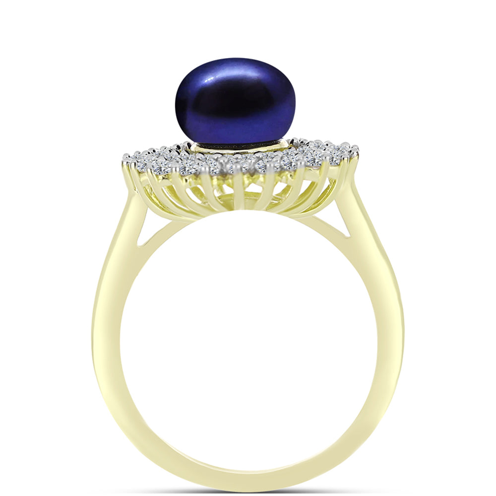 Anillo de Plata Bañada en Oro con Perla Negra de Agua dulce y Topacio Blanco