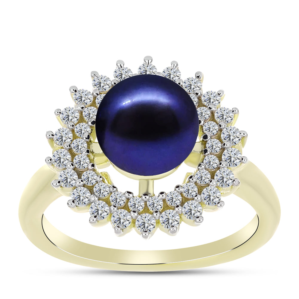 Anillo de Plata Bañada en Oro con Perla Negra de Agua dulce y Topacio Blanco 3 