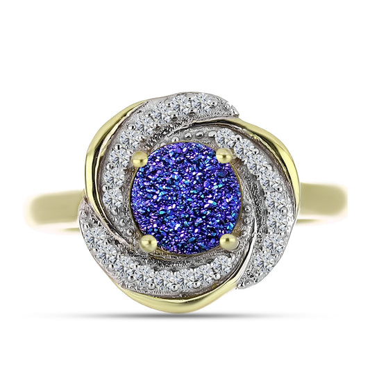 Anillo de Plata Bañada en Oro con Drusa Purpura y Topacio Blanco