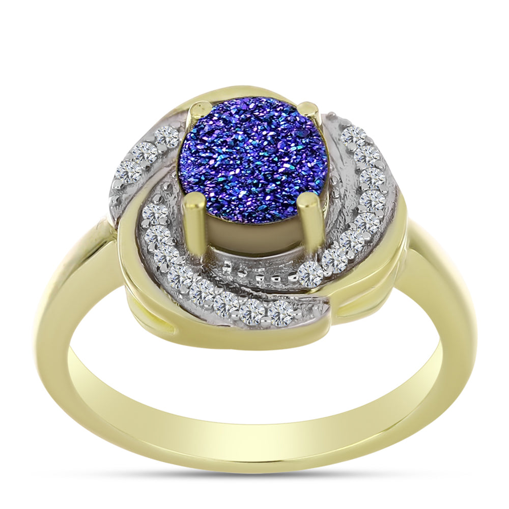 Anillo de Plata Bañada en Oro con Drusa Purpura y Topacio Blanco 3 