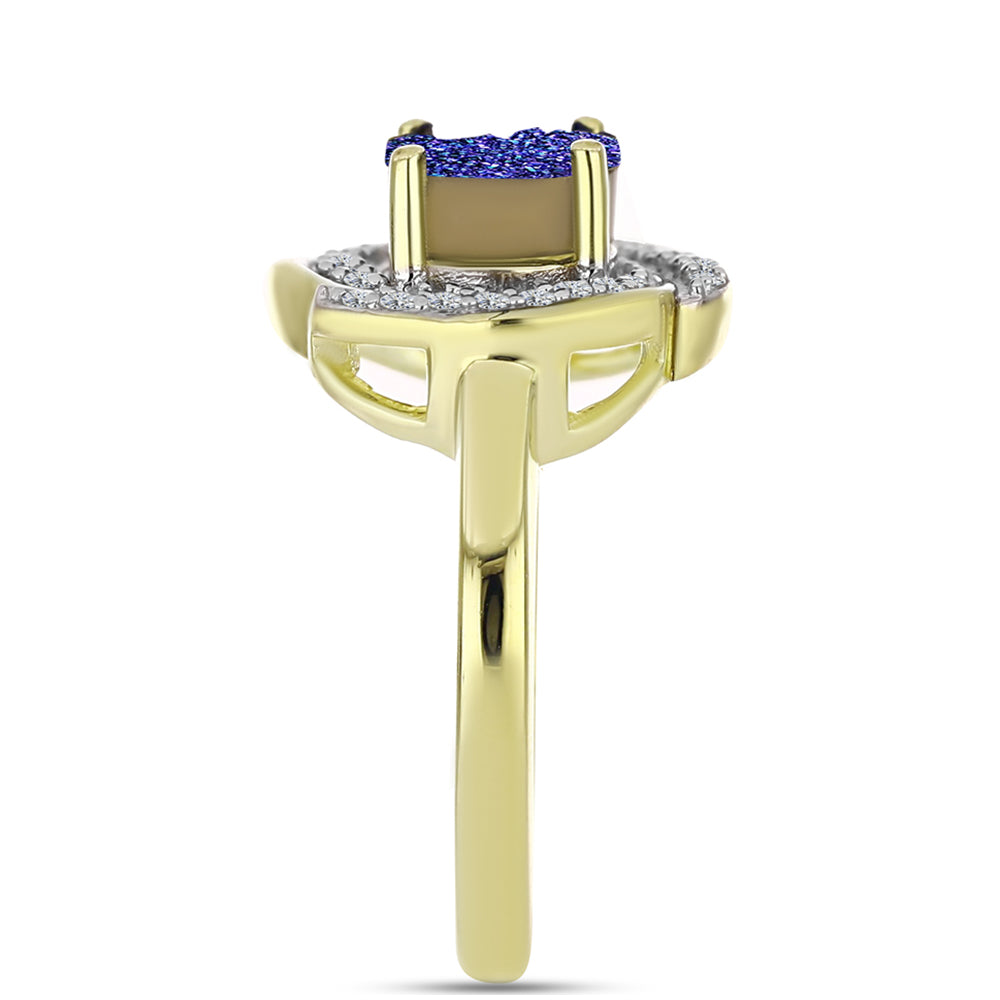 Anillo de Plata Bañada en Oro con Drusa Purpura y Topacio Blanco 8 