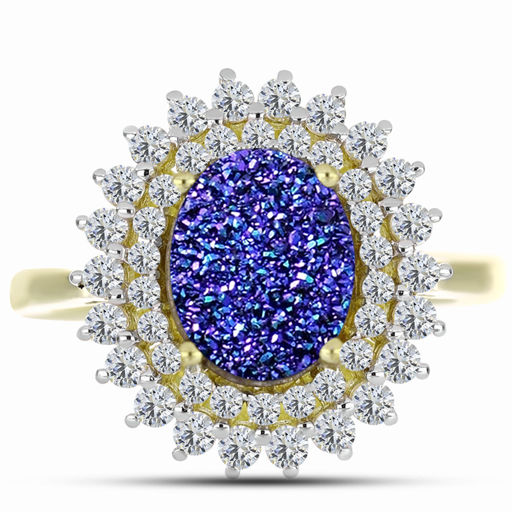 Anillo de Plata Bañada en Oro con Drusa Purpura y Topacio Blanco 1 