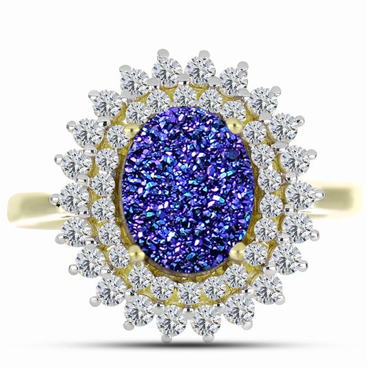 Anillo de Plata Bañada en Oro con Drusa Purpura y Topacio Blanco