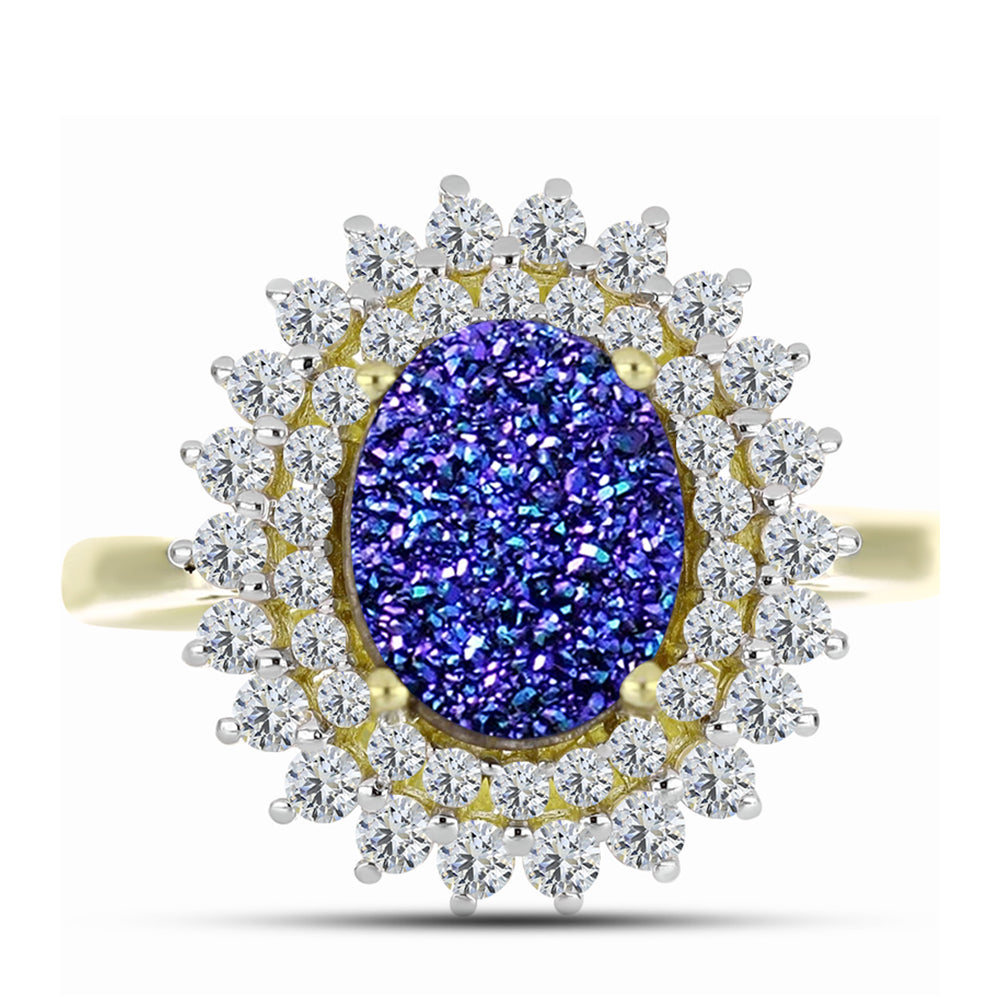 Anillo de Plata Bañada en Oro con Drusa Purpura y Topacio Blanco 5 