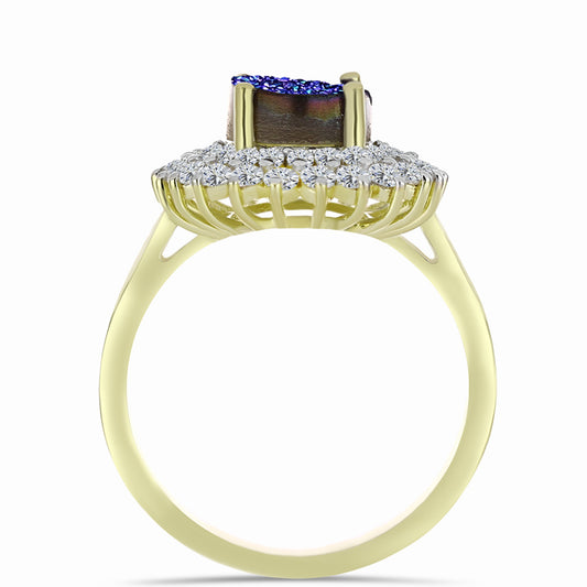 Anillo de Plata Bañada en Oro con Drusa Purpura y Topacio Blanco