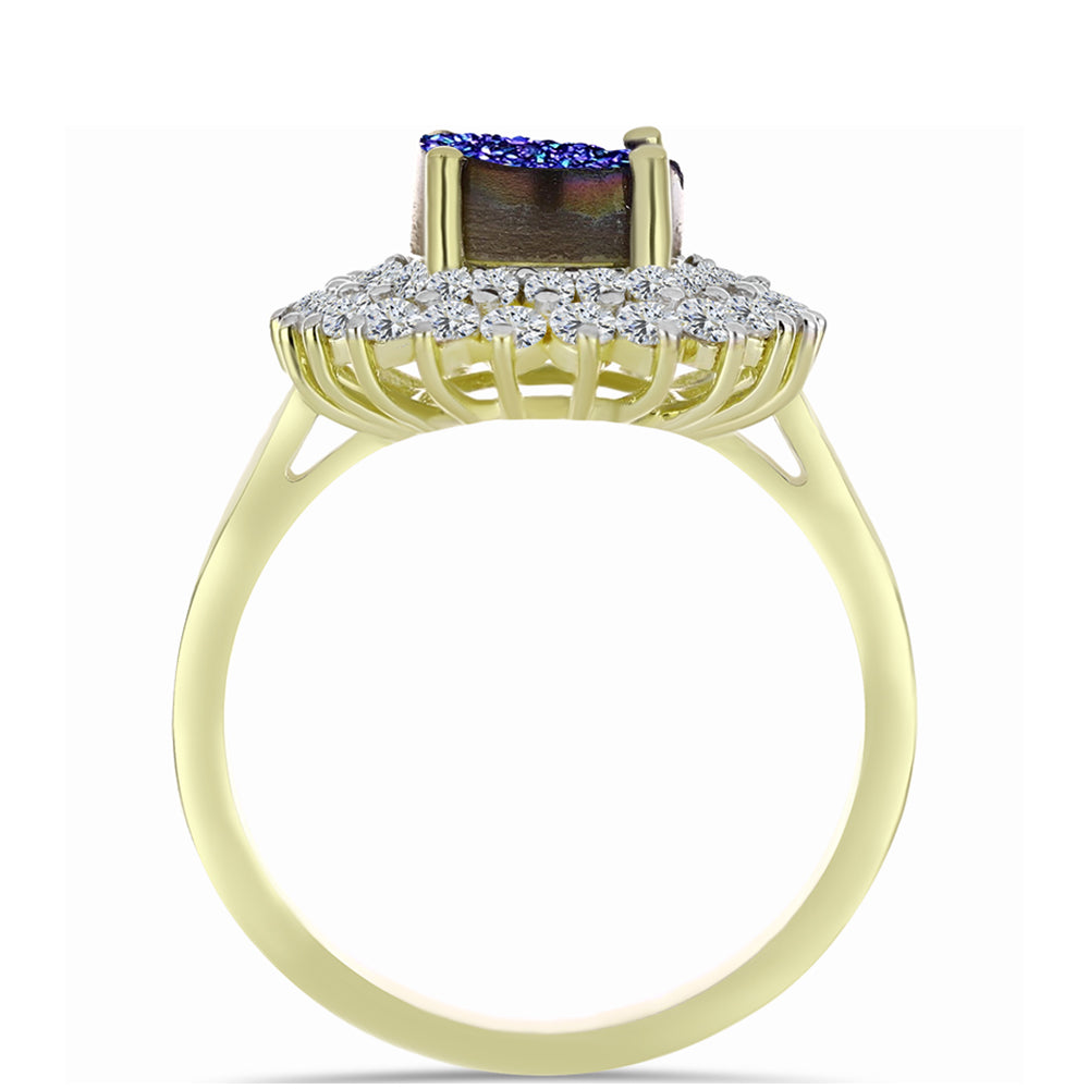 Anillo de Plata Bañada en Oro con Drusa Purpura y Topacio Blanco