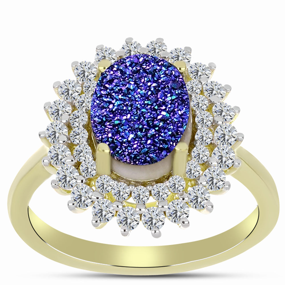 Anillo de Plata Bañada en Oro con Drusa Purpura y Topacio Blanco
