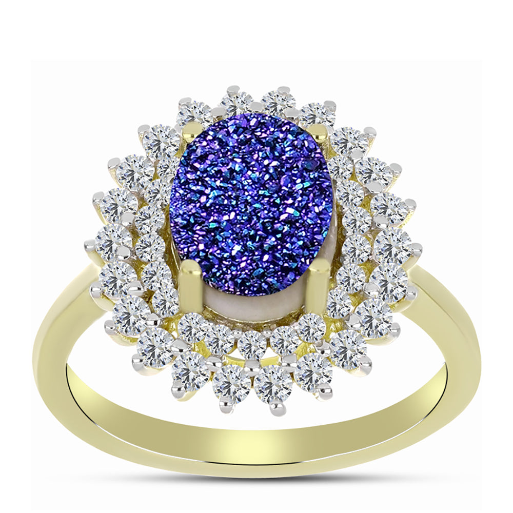 Anillo de Plata Bañada en Oro con Drusa Purpura y Topacio Blanco
