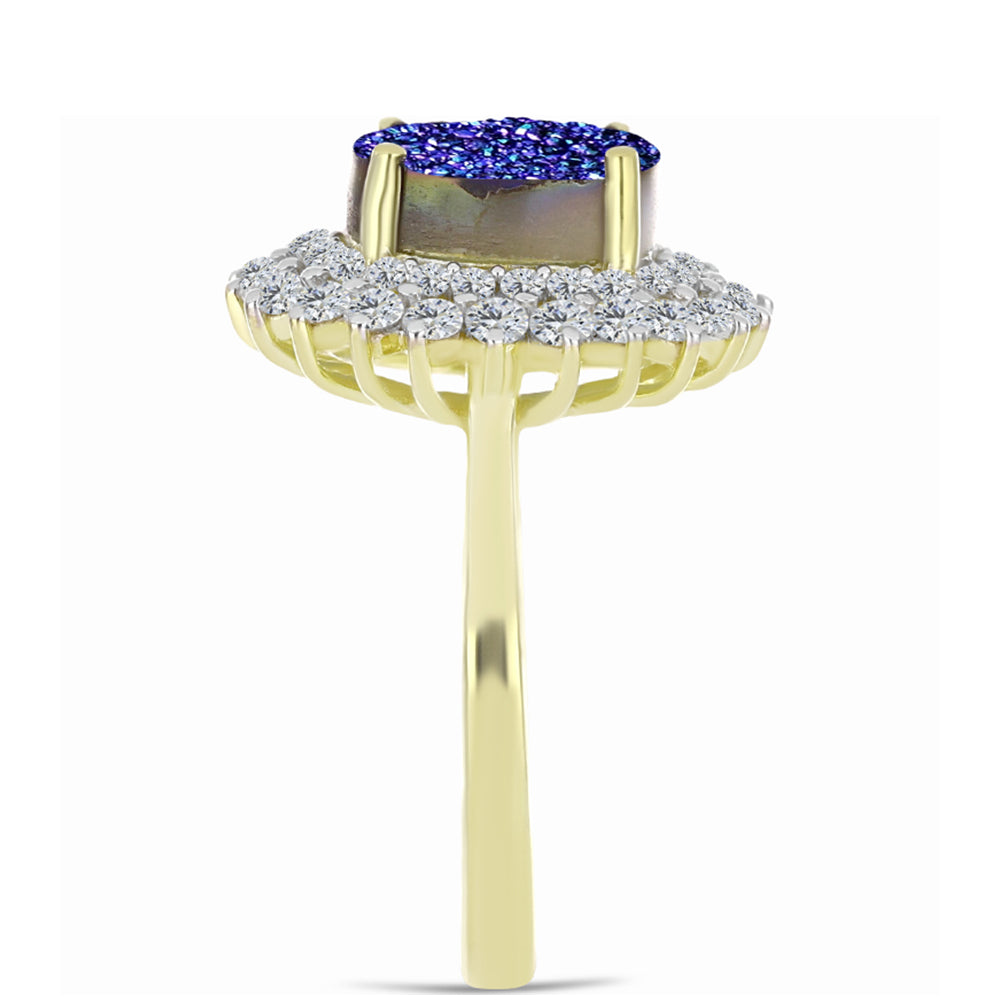 Anillo de Plata Bañada en Oro con Drusa Purpura y Topacio Blanco