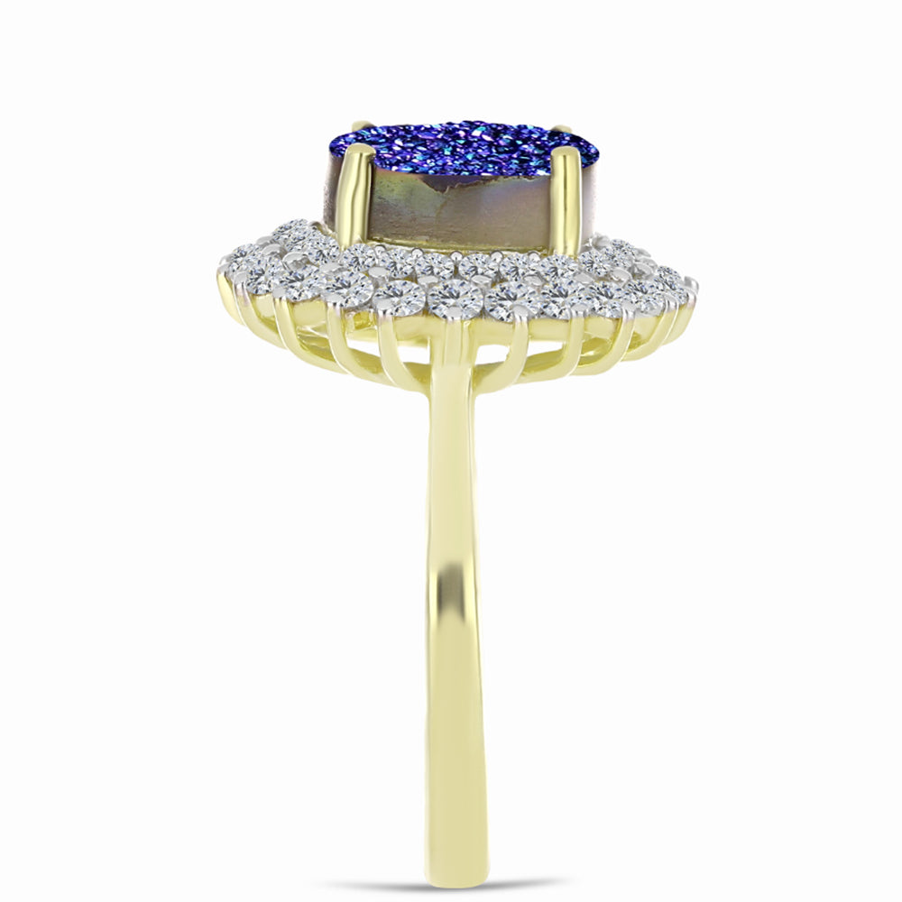 Anillo de Plata Bañada en Oro con Drusa Purpura y Topacio Blanco 4 