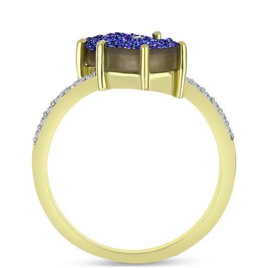Anillo de Plata Bañada en Oro con Drusa Purpura y Topacio Blanco
