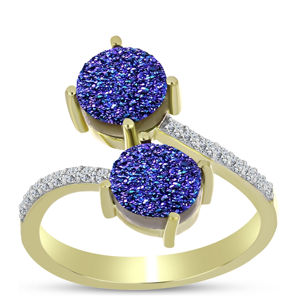 Anillo de Plata Bañada en Oro con Drusa Purpura y Topacio Blanco