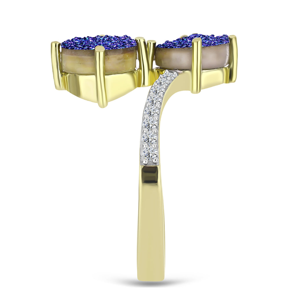 Anillo de Plata Bañada en Oro con Drusa Purpura y Topacio Blanco