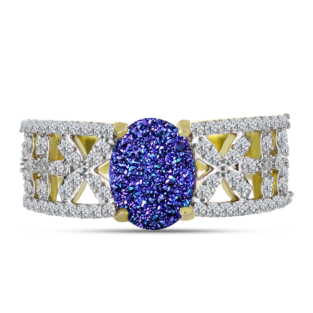 Anillo de Plata Bañada en Oro con Drusa Purpura y Topacio Blanco