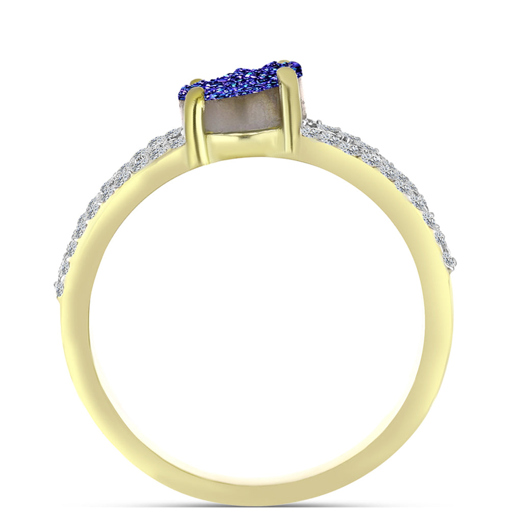 Anillo de Plata Bañada en Oro con Drusa Purpura y Topacio Blanco 2 