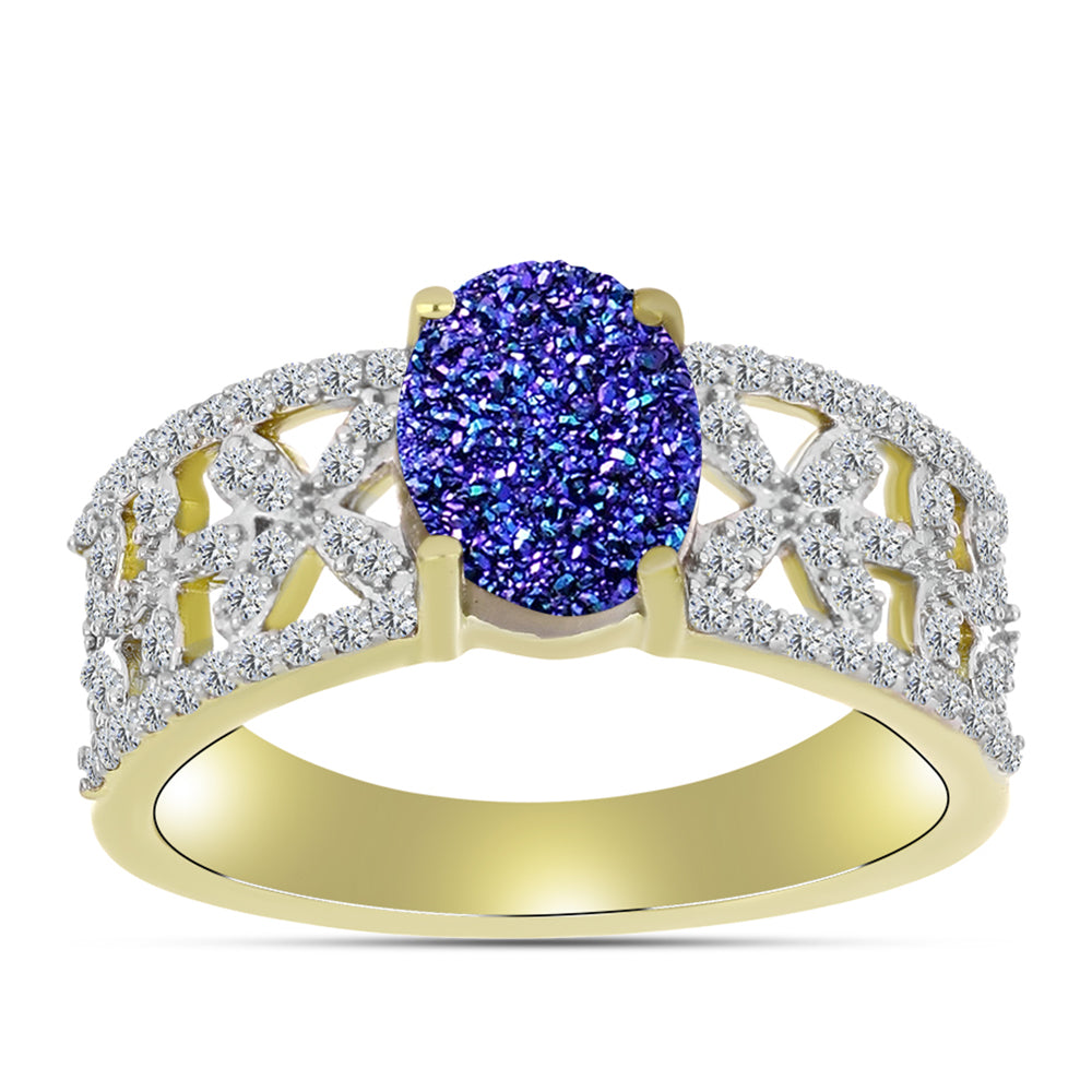 Anillo de Plata Bañada en Oro con Drusa Purpura y Topacio Blanco 7 