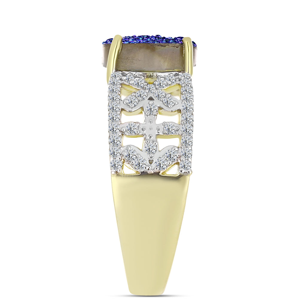 Anillo de Plata Bañada en Oro con Drusa Purpura y Topacio Blanco 4 