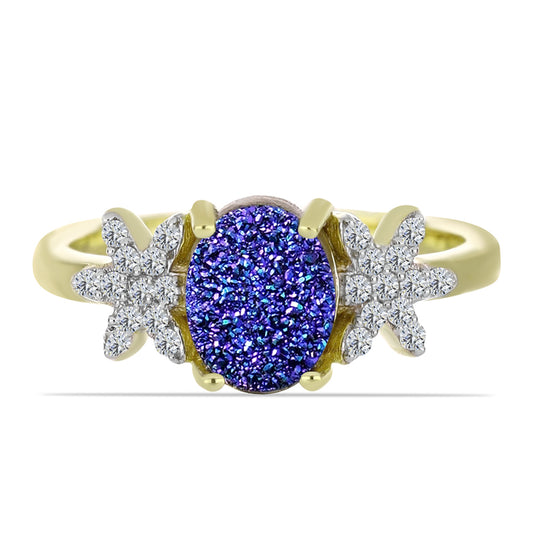 Anillo de Plata Bañada en Oro con Drusa Purpura y Topacio Blanco
