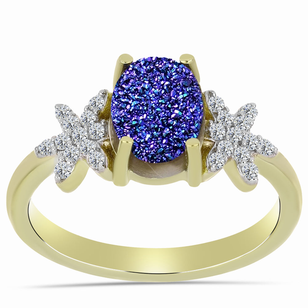 Anillo de Plata Bañada en Oro con Drusa Purpura y Topacio Blanco 3 