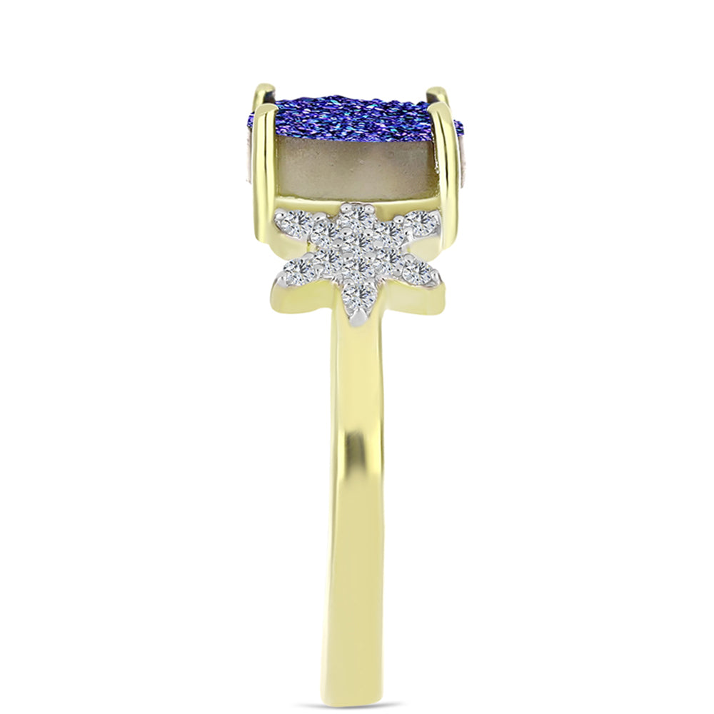 Anillo de Plata Bañada en Oro con Drusa Purpura y Topacio Blanco