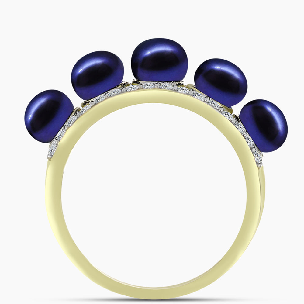 Anillo de Plata Bañada en Oro con Perla Negra de Agua dulce y Topacio Blanco 6 
