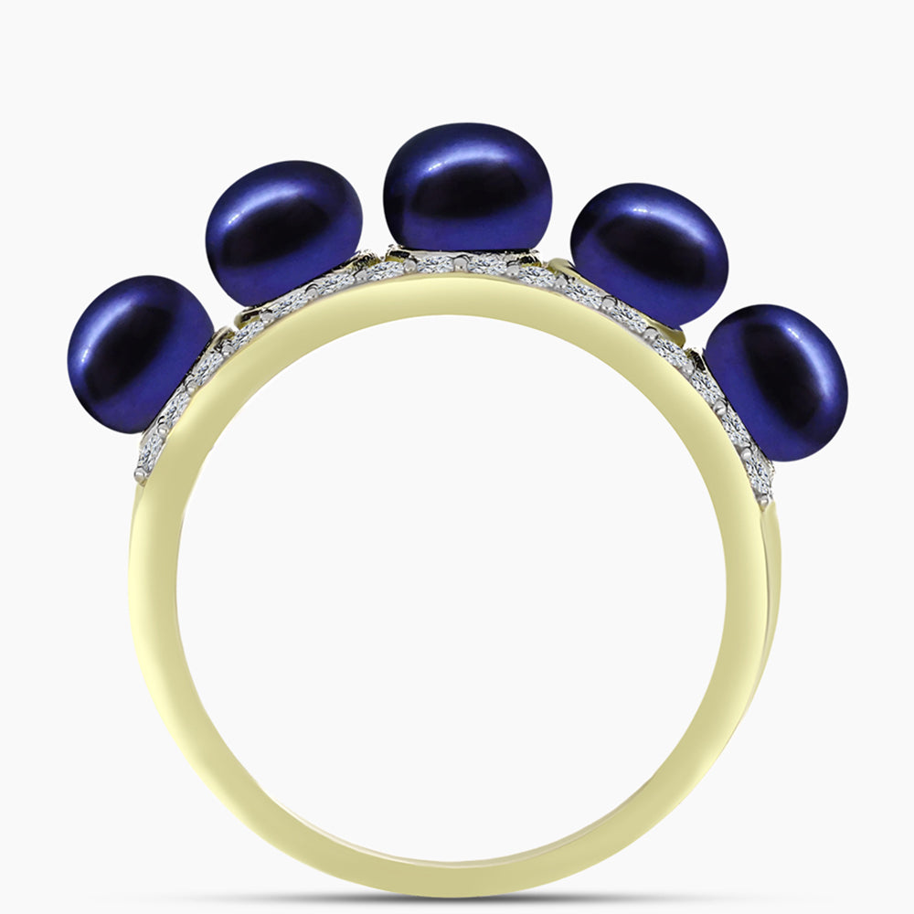 Anillo de Plata Bañada en Oro con Perla Negra de Agua dulce y Topacio Blanco 2 