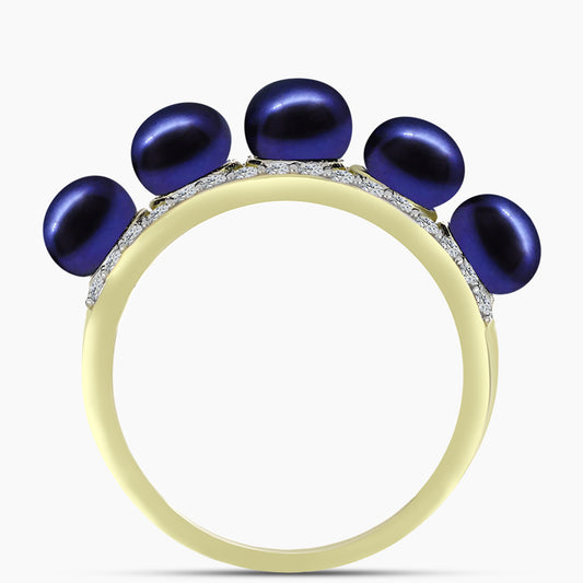 Anillo de Plata Bañada en Oro con Perla Negra de Agua dulce y Topacio Blanco
