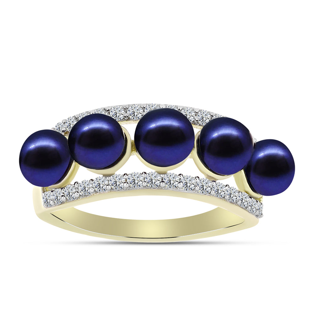 Anillo de Plata Bañada en Oro con Perla Negra de Agua dulce y Topacio Blanco