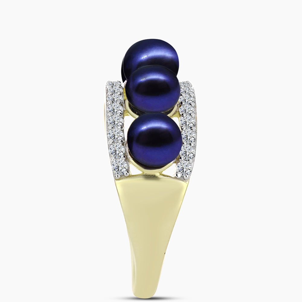Anillo de Plata Bañada en Oro con Perla Negra de Agua dulce y Topacio Blanco