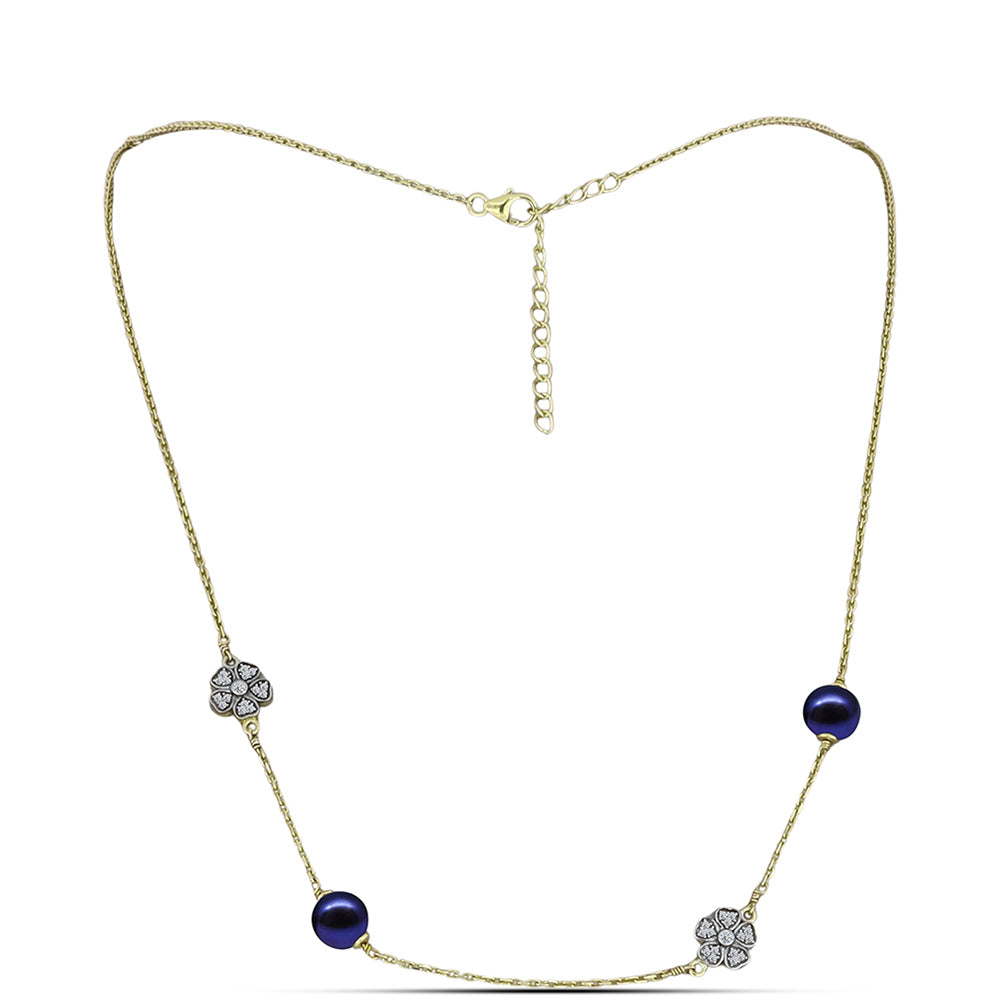 Collar de Plata Bañada en Oro con Perla Negra de Agua dulce y Topacio Blanco 2 
