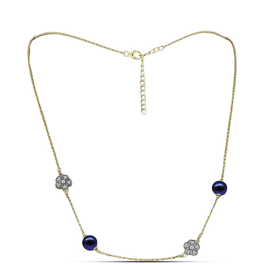 Collar de Plata Bañada en Oro con Perla Negra de Agua dulce y Topacio Blanco