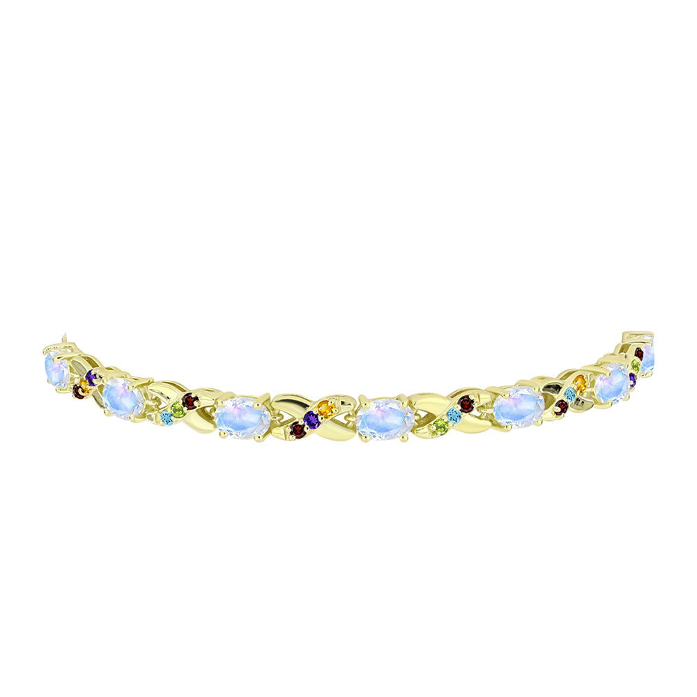 Pulsera de Plata Bañada en Oro con Piedra Lunar Arco Iris y Amatista de Marruecos