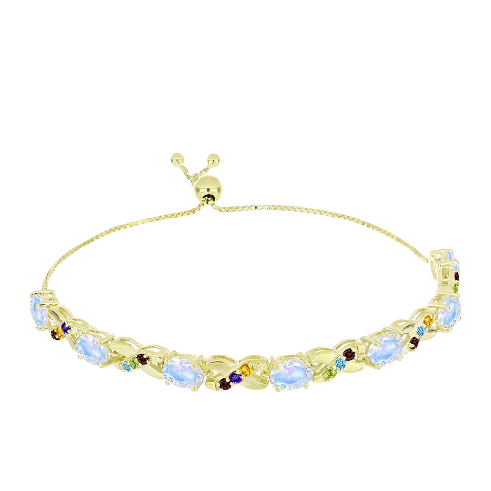 Pulsera de Plata Bañada en Oro con Piedra Lunar Arco Iris y Amatista de Marruecos 1 